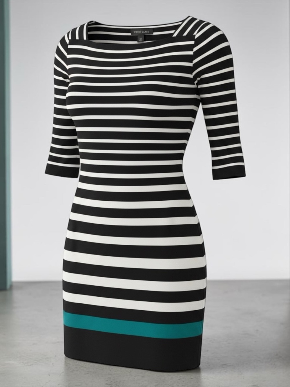 White House Black Market Black & White Striped Mini Dress with Teal Hem